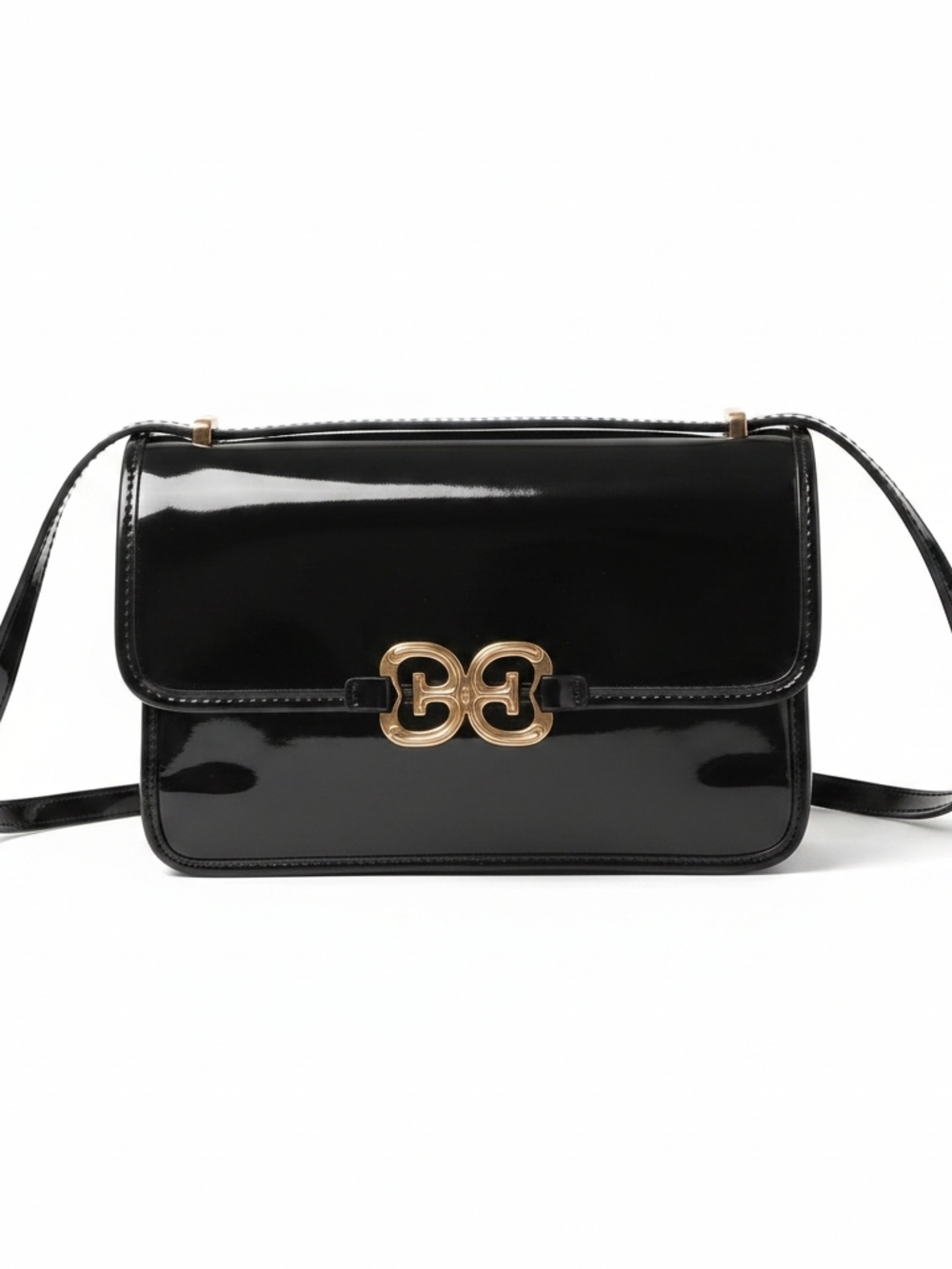 Sam Edelman Christy Box Shoulder Bag Black Patent Gold Logo Convertible Strap NE